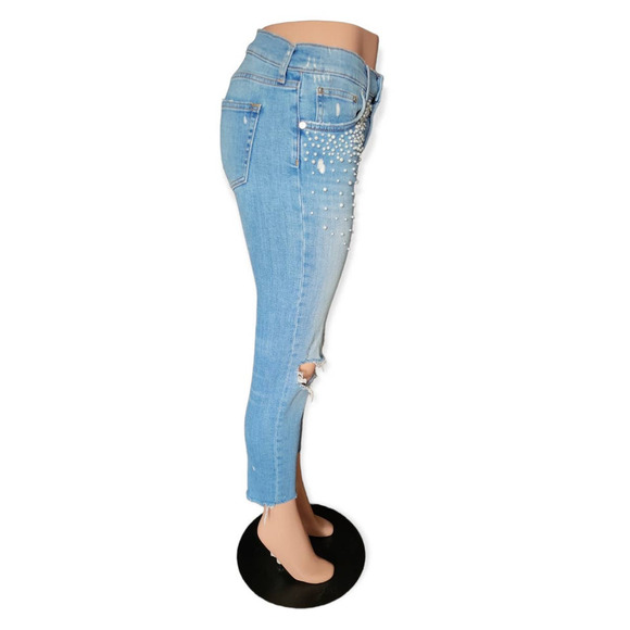Zara Premium Pearl Embellished Distressed Boyfriend Fit Ankle Jeans‎ Size 6 - Picture 8 of 11